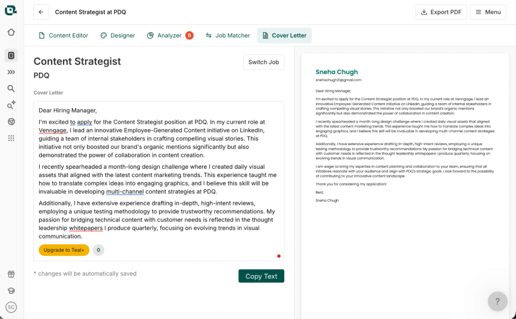 Screenshot of cover letter generated with TealHQ