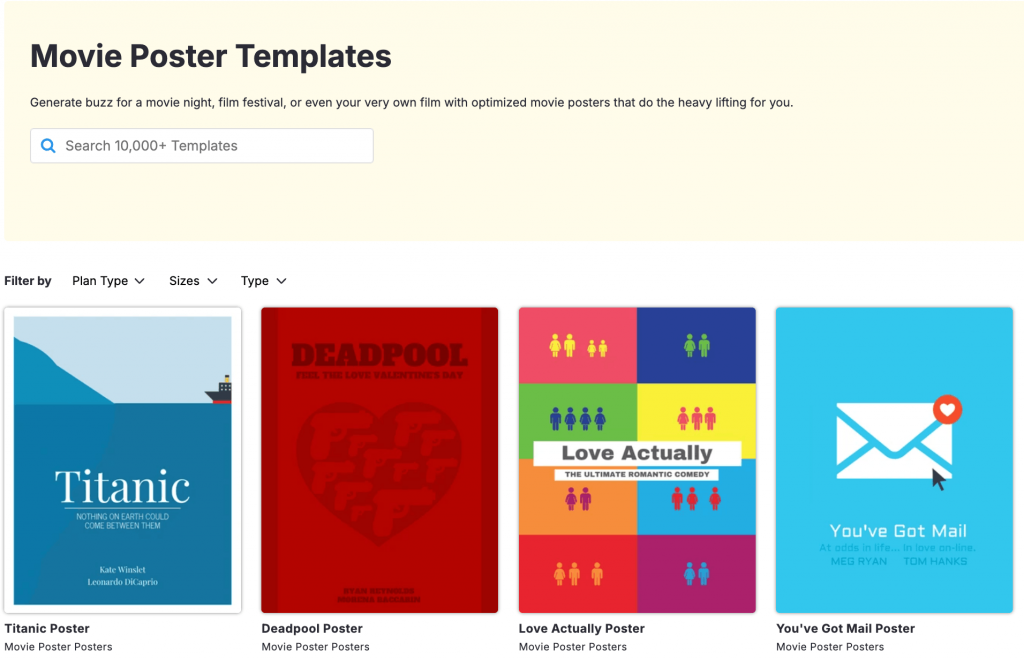 Venngage offers several movie poster templates that you can filter by subscription type, size, or accessibility