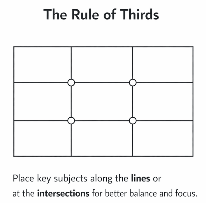 The rule of thirds is a technique in visual art that divides a visual into a 3×3 layout to create natural flow