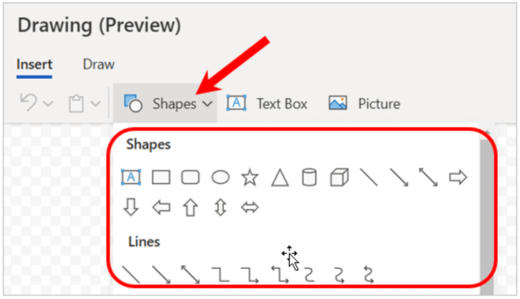 Screenshot showing how to insert a box shape to create a person box for a family tree