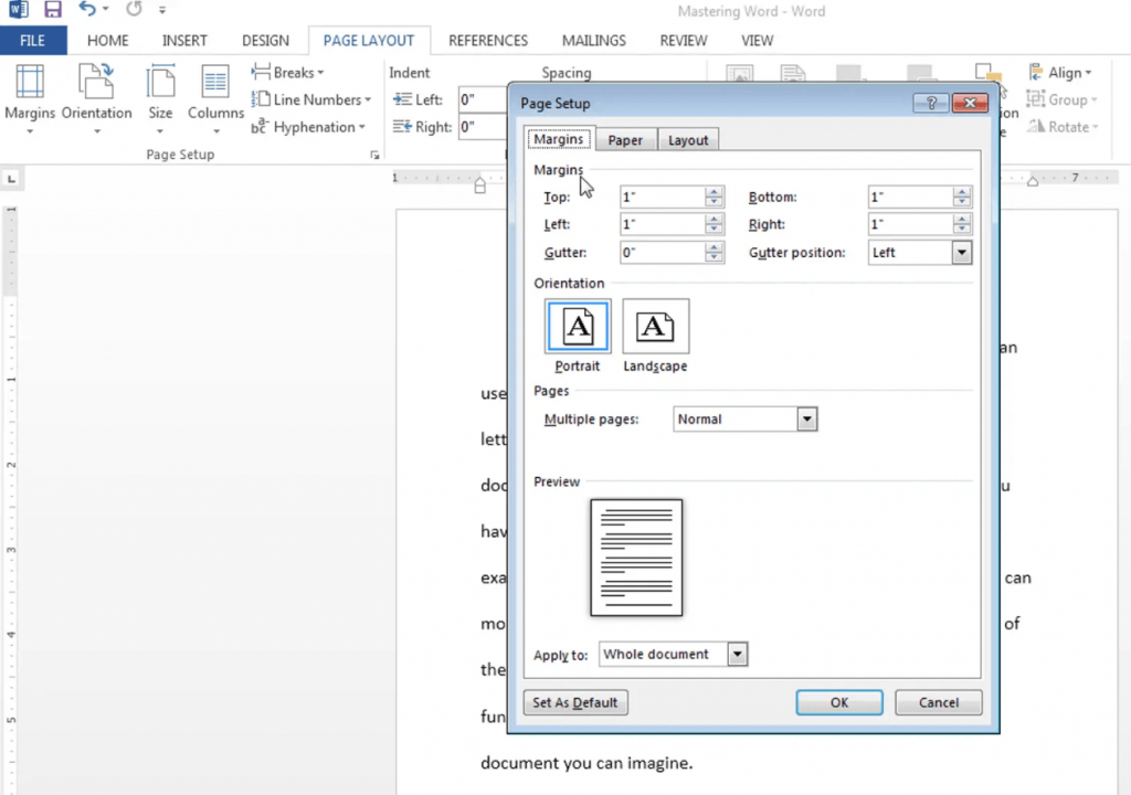 screenshot showing how to change the page orientation in Word from Portrait to Landscape
