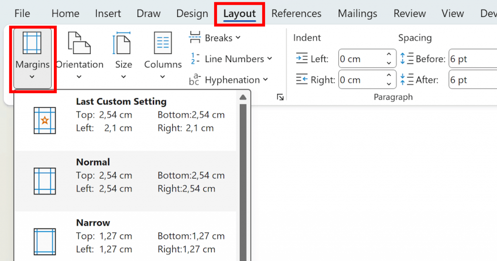 screenshot showing how to set the margin in word to narrow