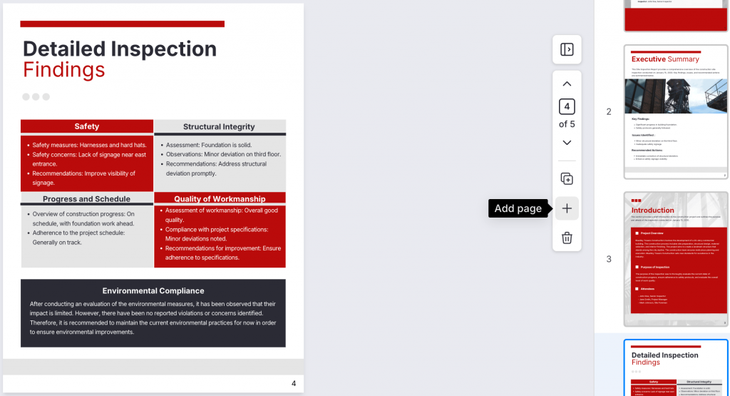 venngage site inspection report template leaves room for user to add new section and pages