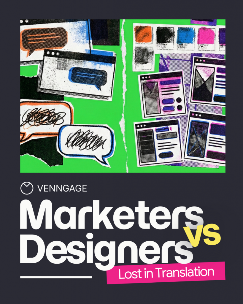 Venngage cover graphic with a dark charcoal background. At the top is a collage-style illustration on a bright green background showing overlapping chat bubbles, browser windows, colour swatches, and design mockups split by a torn paper edge. Below, the Venngage logo appears above a large white title: “Marketers Designers,” with a bright yellow “vs” overlaid between the words. A pink banner at the bottom reads, “Lost in Translation.”