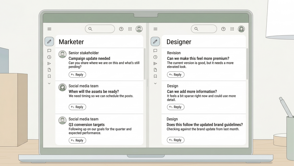 A minimalist illustration of a laptop on a desk showing two side-by-side inbox-style dashboards labeled “Marketer” and “Designer.” Each panel contains message cards with feedback and reply buttons. The desk includes books, a lamp, and a cup holding pens, all in soft muted green, beige, and grey tones.