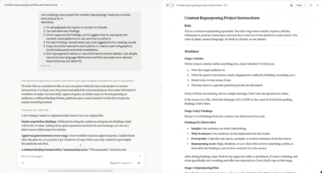 Screenshot of instructions written for content repurposing project