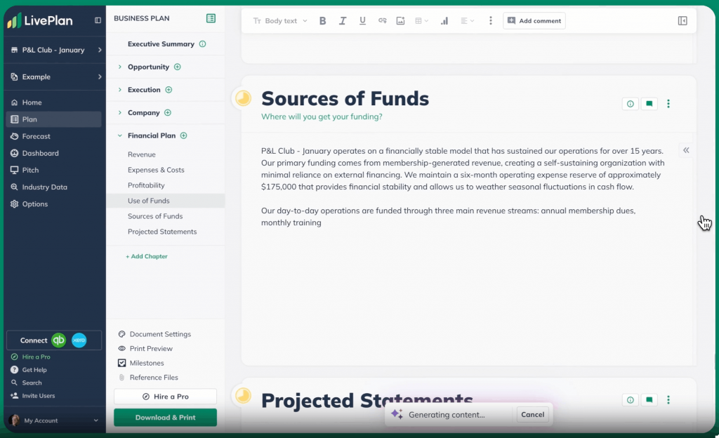LivePlan ai business plan generator tool