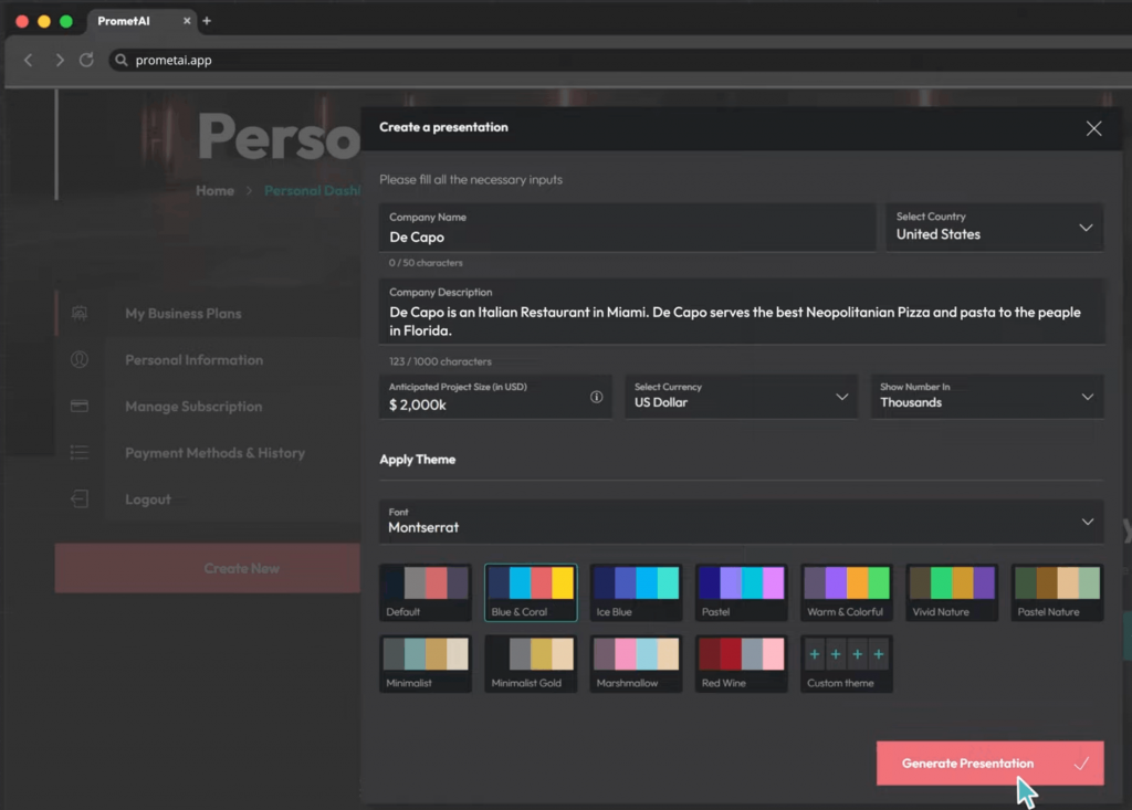 Prometai ai business plan generator