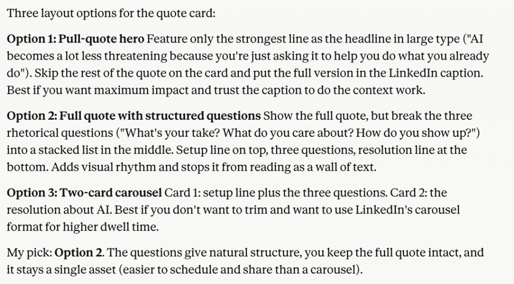 quote card layout options suggested by Claude