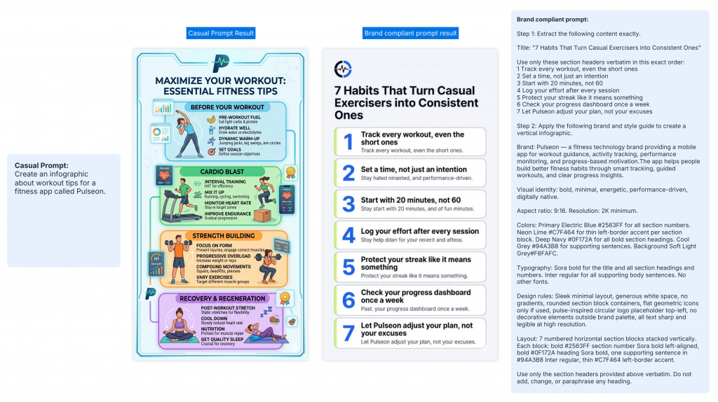 Comparison graphic showing a casual prompt result versus a brand-compliant prompt result for a Pulseon fitness app infographic. The casual result is a colorful, crowded workout tips infographic, while the brand-compliant result uses a clean minimal layout with seven numbered habit sections. A detailed prompt panel on the right lists the required title, section headers, brand identity, colors, typography, layout rules, and design style for creating the branded infographic.