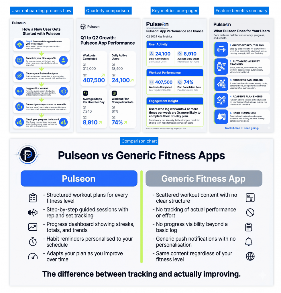 Pulseon marketing design showcase featuring four vertical branded infographics at the top and a large comparison chart below. The examples include a user onboarding process flow, quarterly app performance comparison, key metrics one-pager, feature benefits summary, and a “Pulseon vs Generic Fitness Apps” chart comparing structured workout plans, guided sessions, progress dashboards, habit reminders, and adaptive plans against generic app limitations.