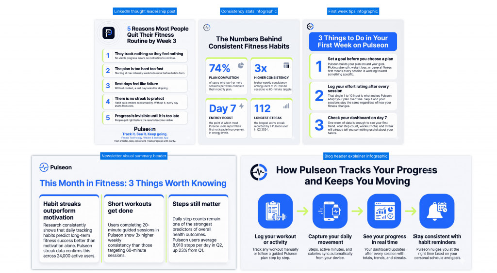 Pulseon branded content examples showing five clean fitness app infographic layouts, including a LinkedIn post on why people quit routines, consistency stats, first-week tips, a newsletter summary on monthly fitness insights, and a blog header explaining how Pulseon tracks workouts, movement, progress, and habit reminders.