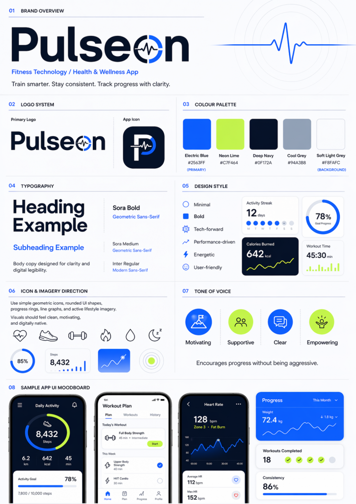 Pulseon brand style guide for a fitness technology and wellness app, showing the logo system, electric blue and neon lime color palette, Sora and Inter typography, clean app UI examples, icon style, tone of voice, and sample mobile dashboard screens for activity, workouts, heart rate, and progress.