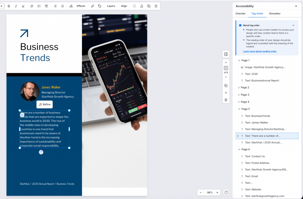 Screenshot showing how to adjust reading order in Venngage