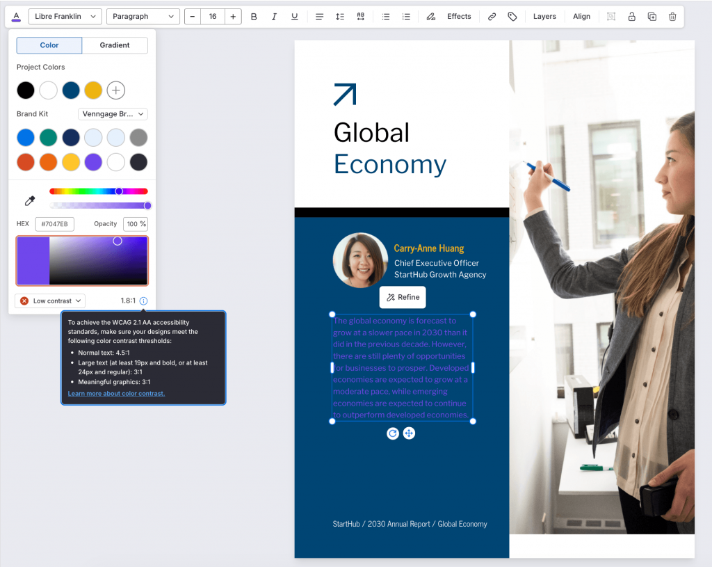 Venngage editor screenshot showing Contrast Checker Tool
