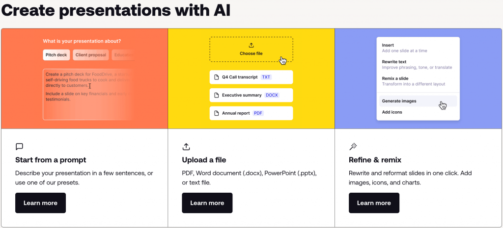 Plus AI is a good ai presentation tool if you want something within the Google Slides or PowerPoint slides