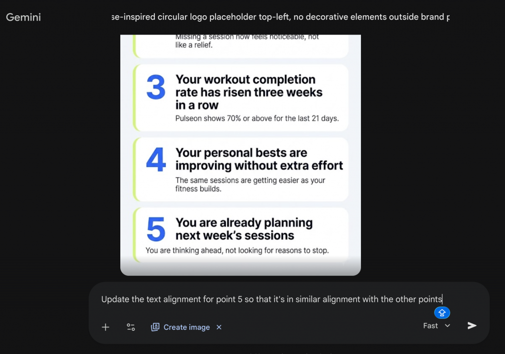 Screenshot of a Gemini image-editing chat showing a cropped Pulseon fitness infographic with points 3, 4, and 5 visible. The user prompt at the bottom asks Gemini to update the text alignment for point 5 so it matches the alignment of the other points