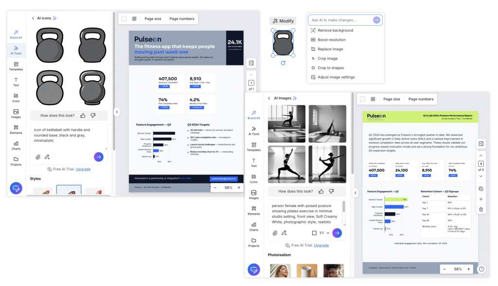 Collage of Venngage editor screenshots showing AI-assisted icon and image generation inside a Pulseon design project. The interface includes an AI Icons panel generating minimalist kettlebell icons, an image-editing menu with options like remove background and boost resolution, an AI Images panel generating black-and-white fitness photography, and report-style Pulseon layouts with charts, metrics, and brand colours
