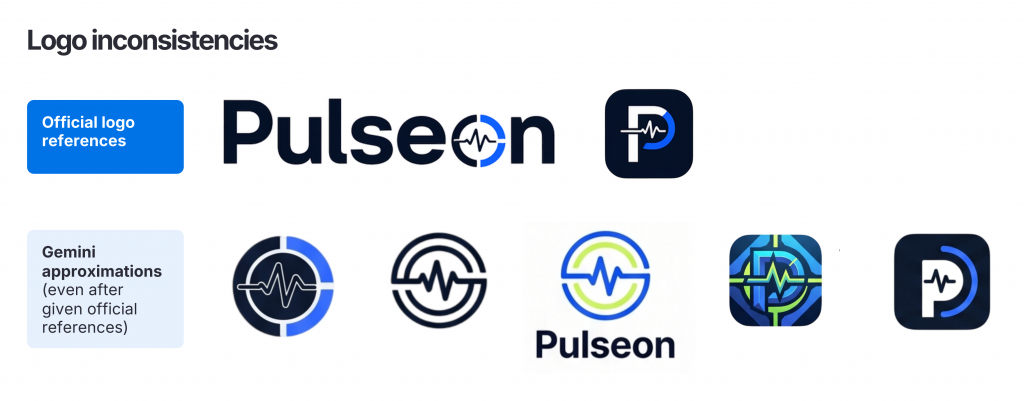 Graphic titled “Logo inconsistencies” comparing official Pulseon logo references with inaccurate Gemini-generated approximations. The top row shows the official Pulseon wordmark and app icon, while the bottom row shows several inconsistent AI-generated logo variations with altered colours, symbols, line styles, and letterforms, despite being given the official references
