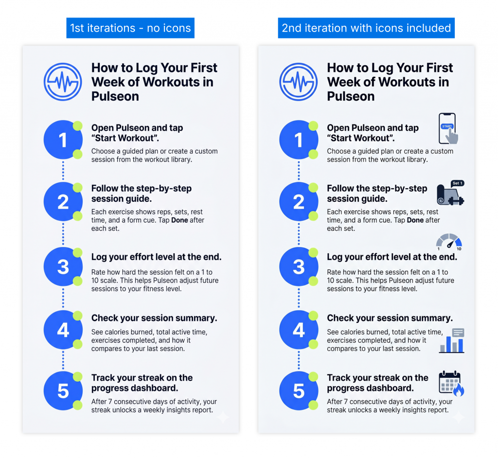 Side-by-side comparison of two Pulseon workout log infographics. The left version is labelled “1st iterations – no icons” and shows a five-step vertical process for logging the first week of workouts using numbered blue circles. The right version is labelled “2nd iteration with icons included” and shows the same five steps with added fitness and app-related icons, including a start button, workout equipment, effort gauge, chart, and calendar streak symbol