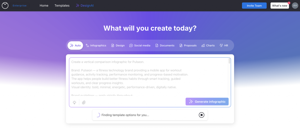 Screenshot of the Venngage DesignAI page with a prompt entered to create a vertical comparison infographic for Pulseon. The interface shows category tabs for Auto, Infographics, Design, Social media, Documents, Proposals, Charts, and HR, plus a “Generate infographic” button and a loading message that says “Finding template options for you.”