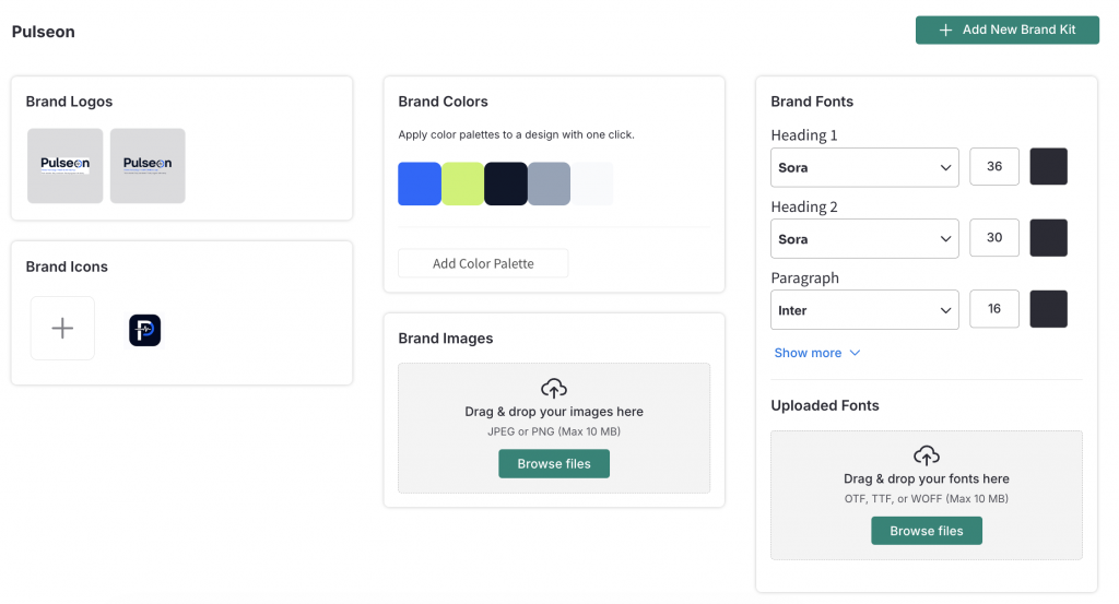 Screenshot of the Pulseon brand kit setup in Venngage, showing uploaded brand logos, a brand icon, brand colour palette, and brand font settings. The kit includes blue, neon lime, navy, grey, and light grey colour swatches, Sora for headings, Inter for paragraph text, and upload areas for brand images and custom fonts