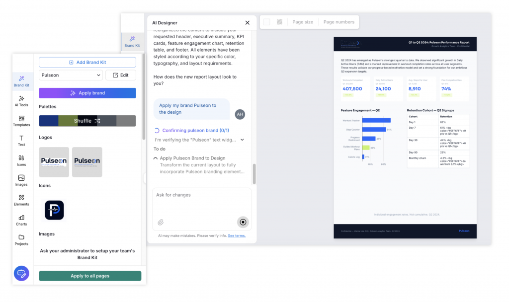 Screenshot of the Venngage editor with the Pulseon Brand Kit panel open and applied to a Q1 to Q2 performance report. The interface shows Pulseon brand palettes, logos, and icons on the left, an AI Designer panel confirming the brand application in the center, and a report page on the canvas using Pulseon colours, metrics, charts, and a retention table.