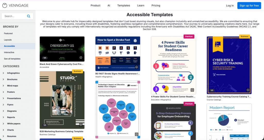 Screenshot of accessible templates offered by Venngage