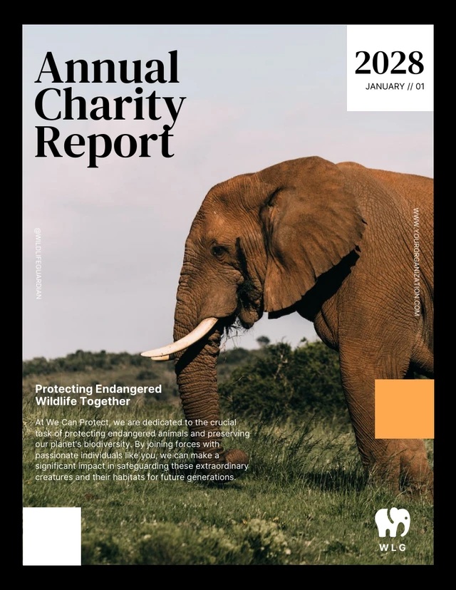 Annual charity report cover for 2028 featuring a large photograph of an elephant standing in a grassy landscape. Bold black serif text reads “Annual Charity Report,” with “2028” in the top-right corner. Supporting text highlights protecting endangered wildlife and preserving biodiversity, while minimalist orange and white graphic blocks and a small elephant logo complete the editorial layout.