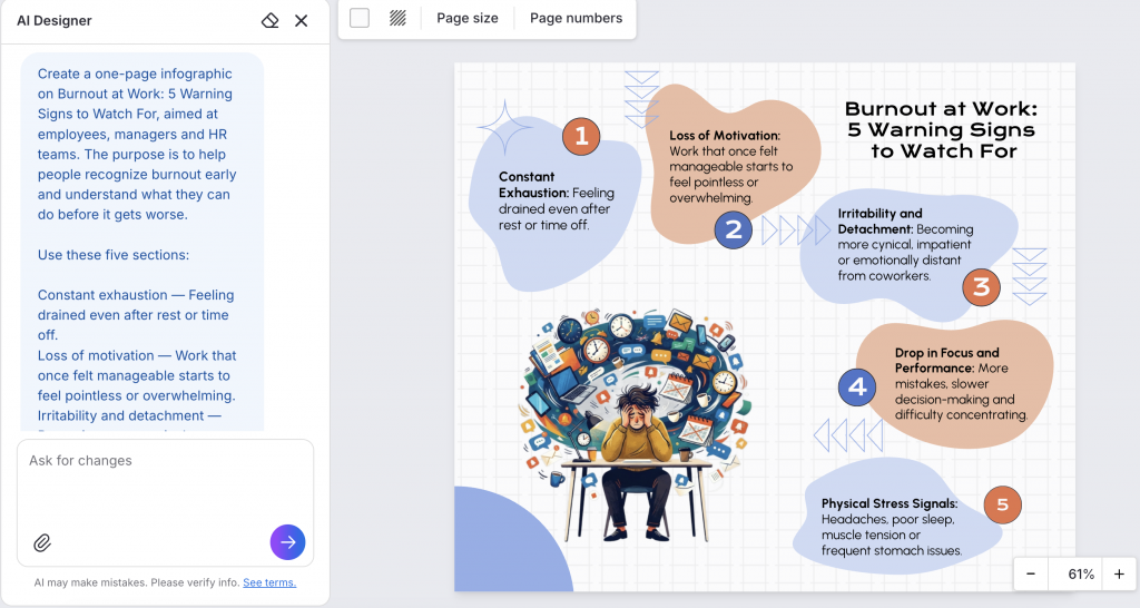 Burnout at work infographic with a more detailed graphic design ai prompt