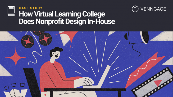 Venngage case study cover titled “How Virtual Learning College Does Nonprofit Design In-House.” The dark navy header includes the Venngage logo, while the lower half features a grainy editorial illustration of a person working on a laptop surrounded by abstract creative elements in blue, red, black, and cream.