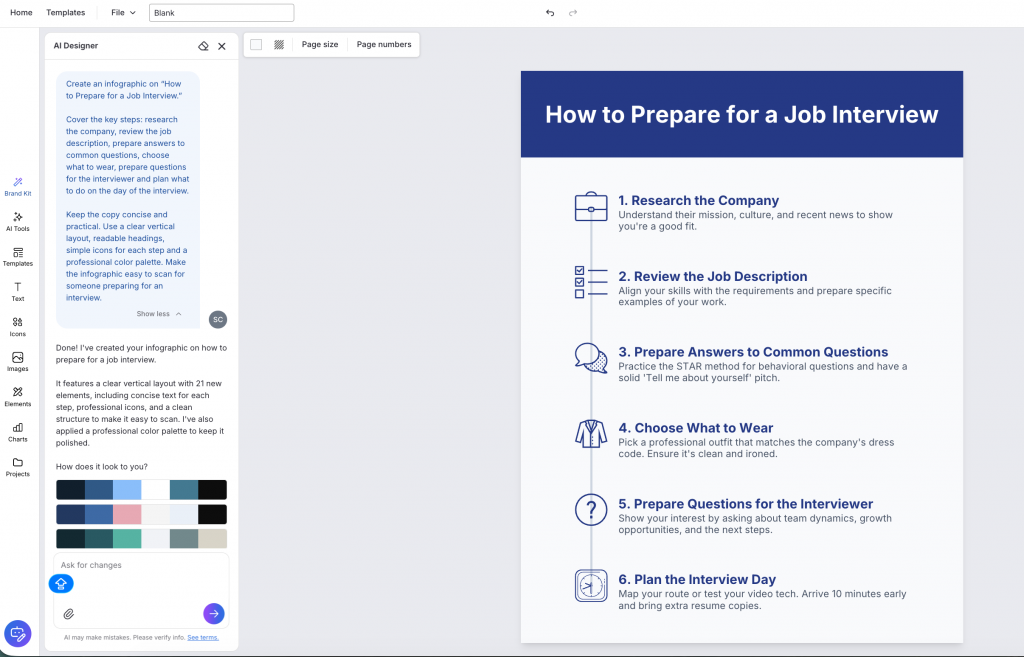 Venngage editor showing an infographic on how to prepare for a job interview