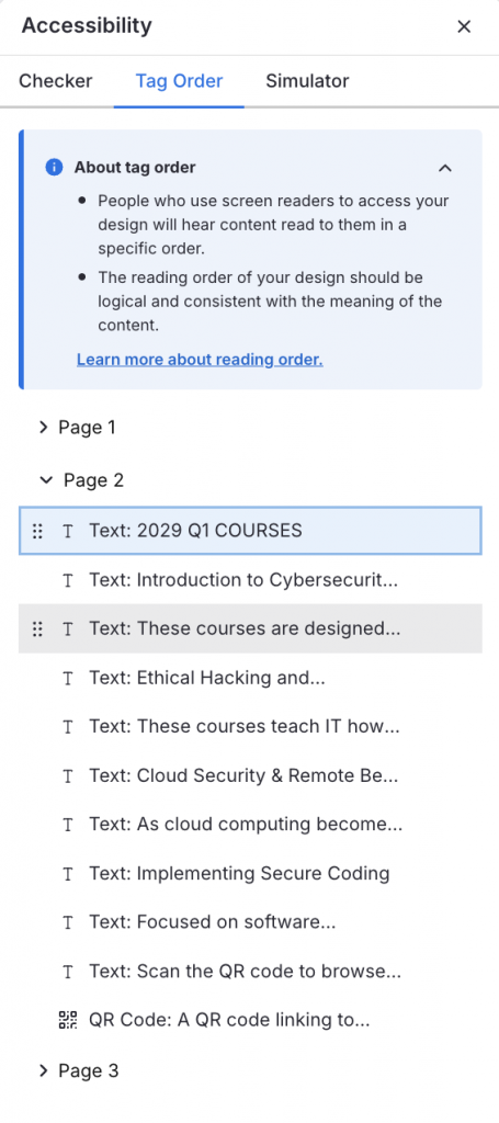 Screenshot showing how to test and fix reading order in Venngage