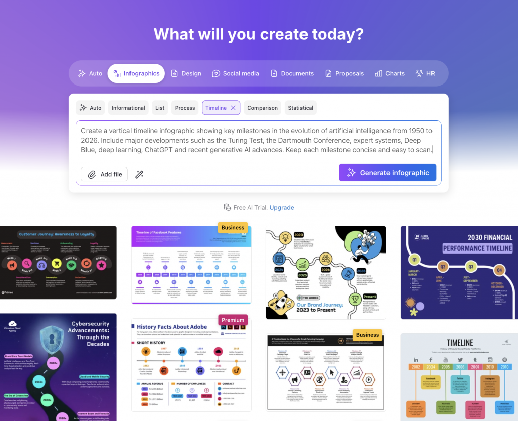 Venngage AI Infographic Generator with timeline prompt