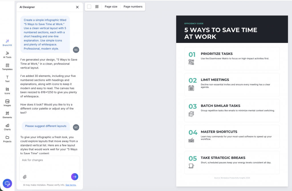 Venngage editor showing an infographic and chat