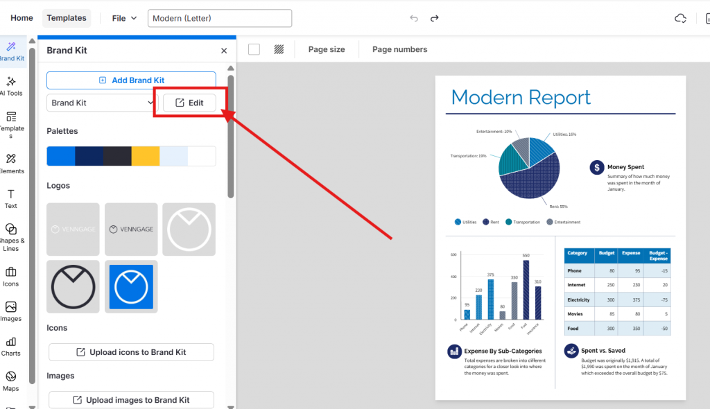 Screenshot of the Venngage editor showing the Brand Kit panel open beside a “Modern Report” template. The Brand Kit includes a color palette, logos, icons, and image upload options. A large red arrow points to the “Edit” button for the selected Brand Kit, highlighting where users can modify their saved brand settings.