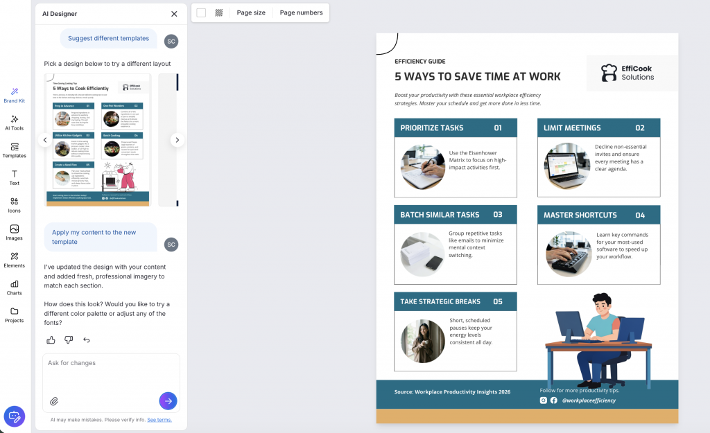 Venngage editor screenshot showing Venngage AI suggesting new templates.