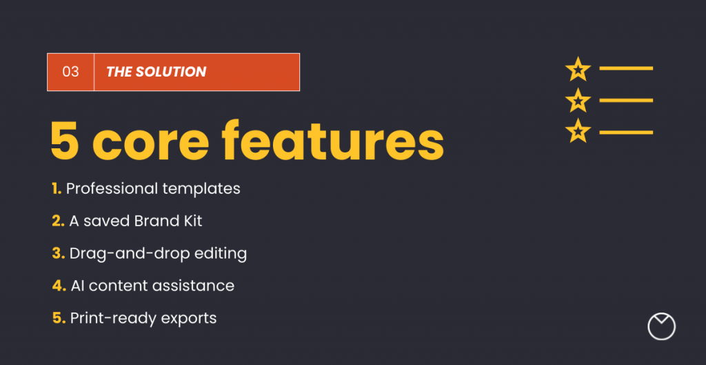 Presentation slide titled “The Solution,” highlighting “5 core features” in large yellow text. The five Venngage features listed are professional templates, a saved Brand Kit, drag-and-drop editing, AI content assistance, and print-ready exports. A simple yellow checklist icon appears in the top right.
