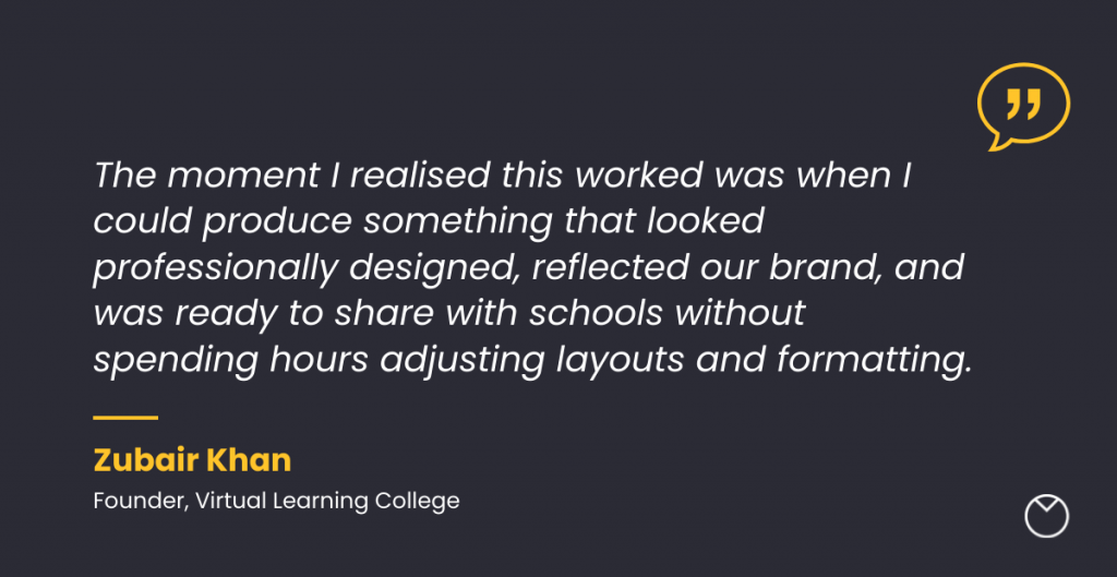 Testimonial slide featuring a quote from Zubair Khan, Founder of Virtual Learning College, explaining that Venngage enabled him to create professionally designed, on-brand materials for schools without spending hours adjusting layouts and formatting. His name appears in yellow beneath the quote, with a yellow quotation-mark icon in the top right.