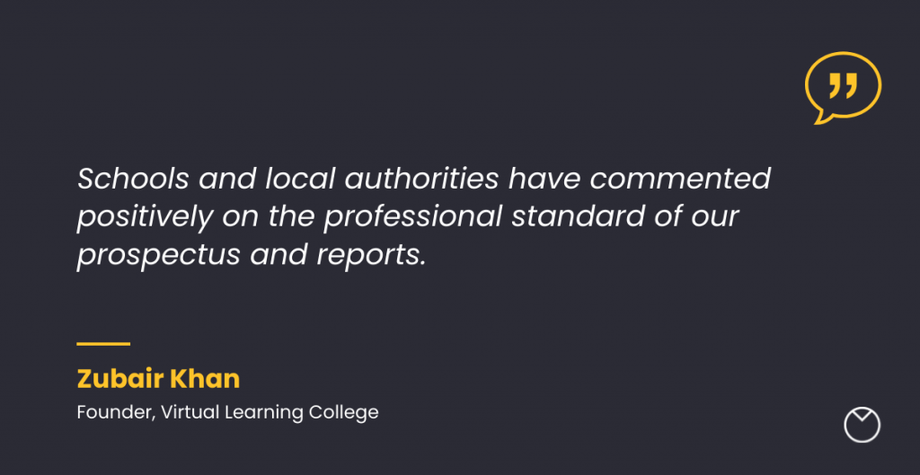 Testimonial slide featuring a quote from Zubair Khan, Founder of Virtual Learning College, saying that schools and local authorities have responded positively to the professional standard of the charity’s prospectus and reports. His name appears in yellow beneath the quote, with a yellow quotation-mark icon in the top right.