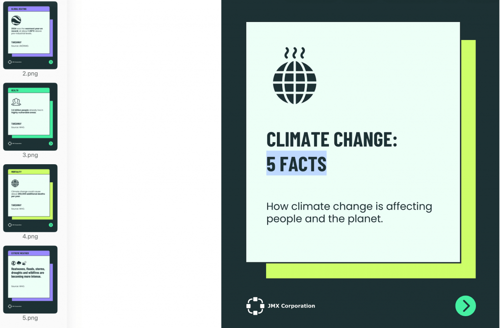 Social media cards presenting statistics with supporting headlines, sources, icons and charts