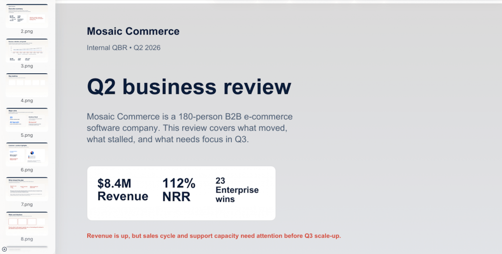 Internal all-hands or QBR deck summarizing company performance, wins, challenges, risks, priorities, and decisions