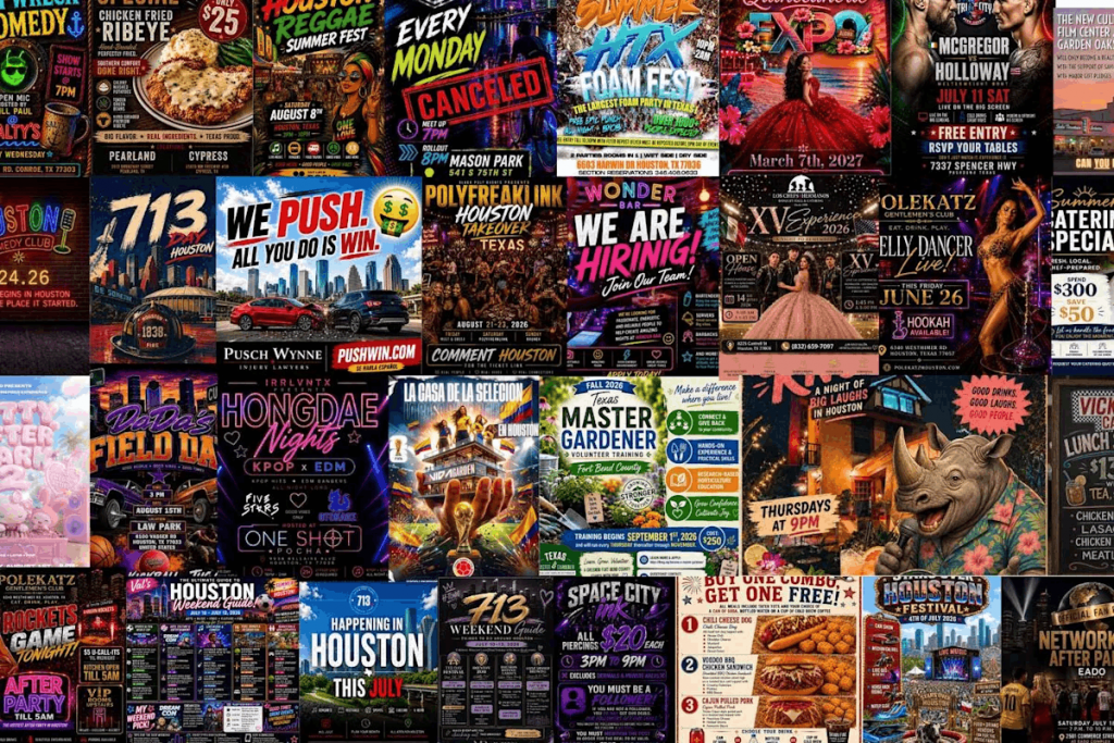 AI-generated event flyers that look same with unrealistic illustrations and cluttered design