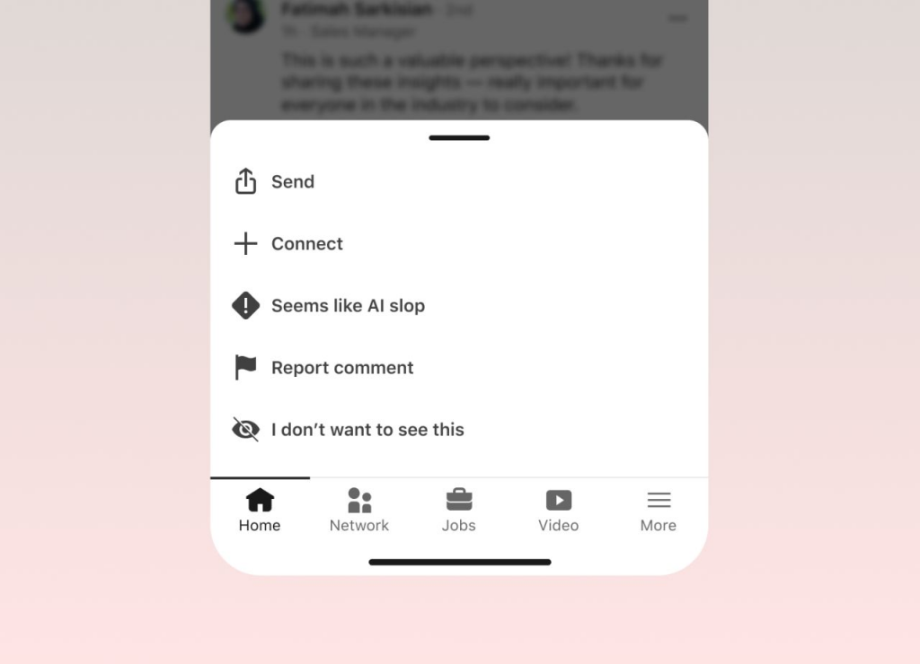 LinkedIn interface showing a “Seems like AI slop” option for reporting low-effort AI content