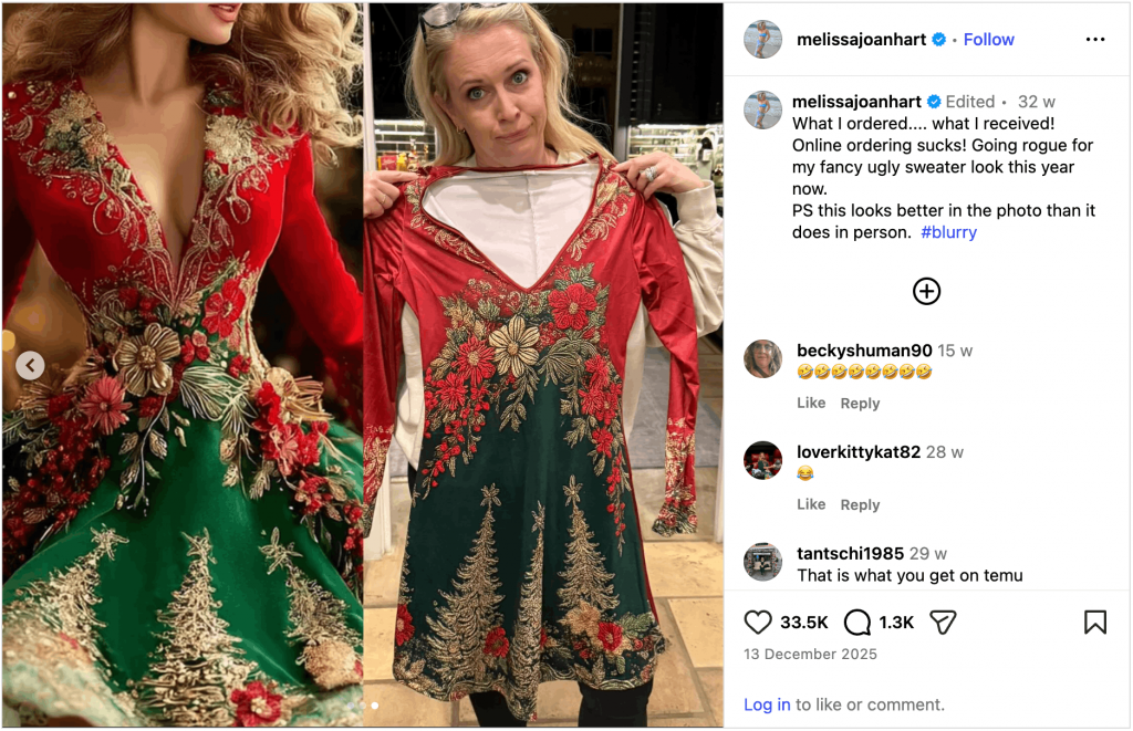 Woman holding a Christmas dress that looks different from its AI-generated online listing