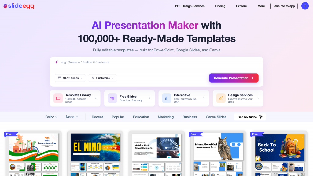 SlideEgg AI Presentation Maker homepage featuring a prompt generator and 100,000+ ready-made templates
