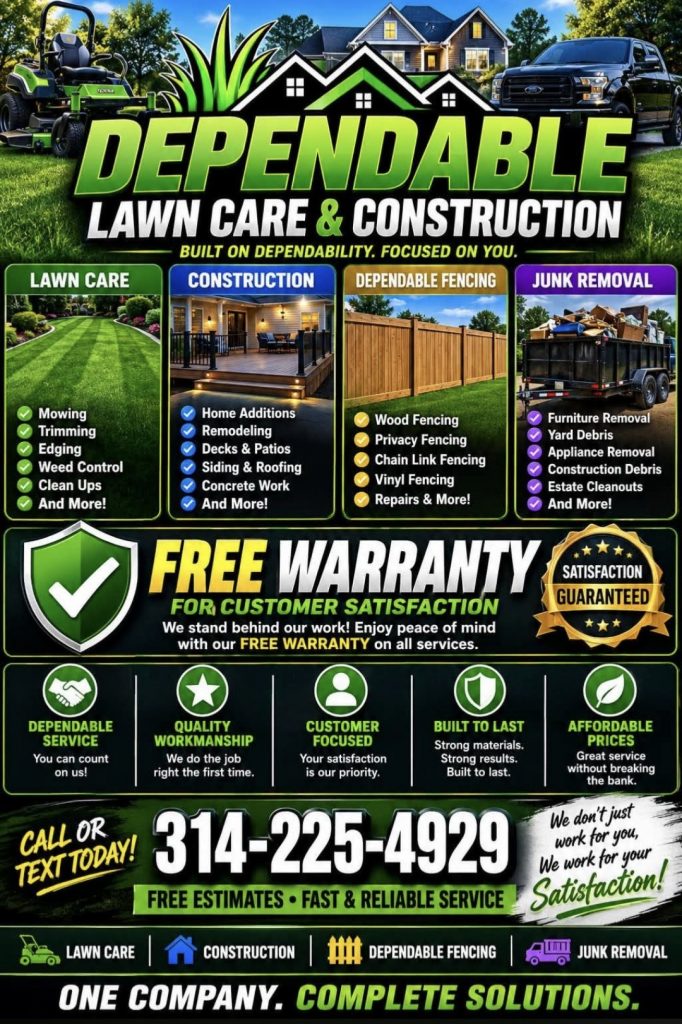 AI-generated lawn care flyer with cluttered layout, too much text, and inconsistent design elements