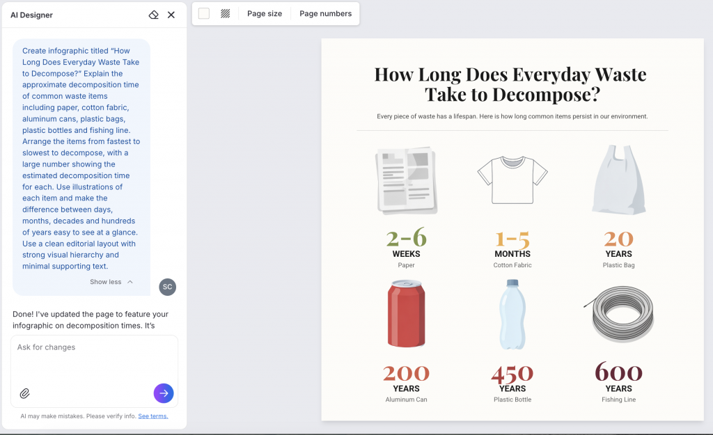 Venngage editor showing Infographic titled “How Long Does Everyday Waste Take to Decompose?”