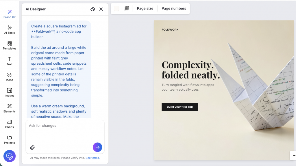 Ad for a fictional no-code app builder with an origami visual built in Venngage