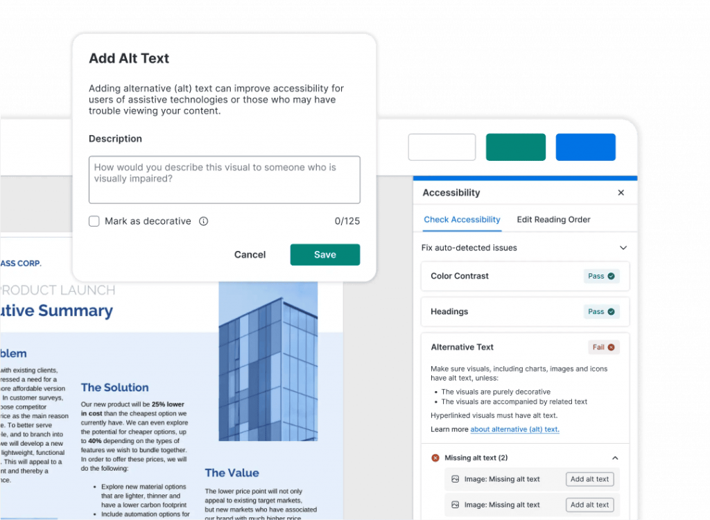 Venngage accessibility checker flagging missing alt text and showing the Add Alt Text dialog for an image
